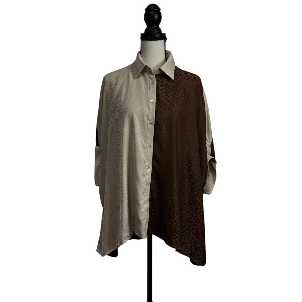 Entro Cream Brown Leopard Animal Print Button Up Blouse S/M - Picture 1 of 7